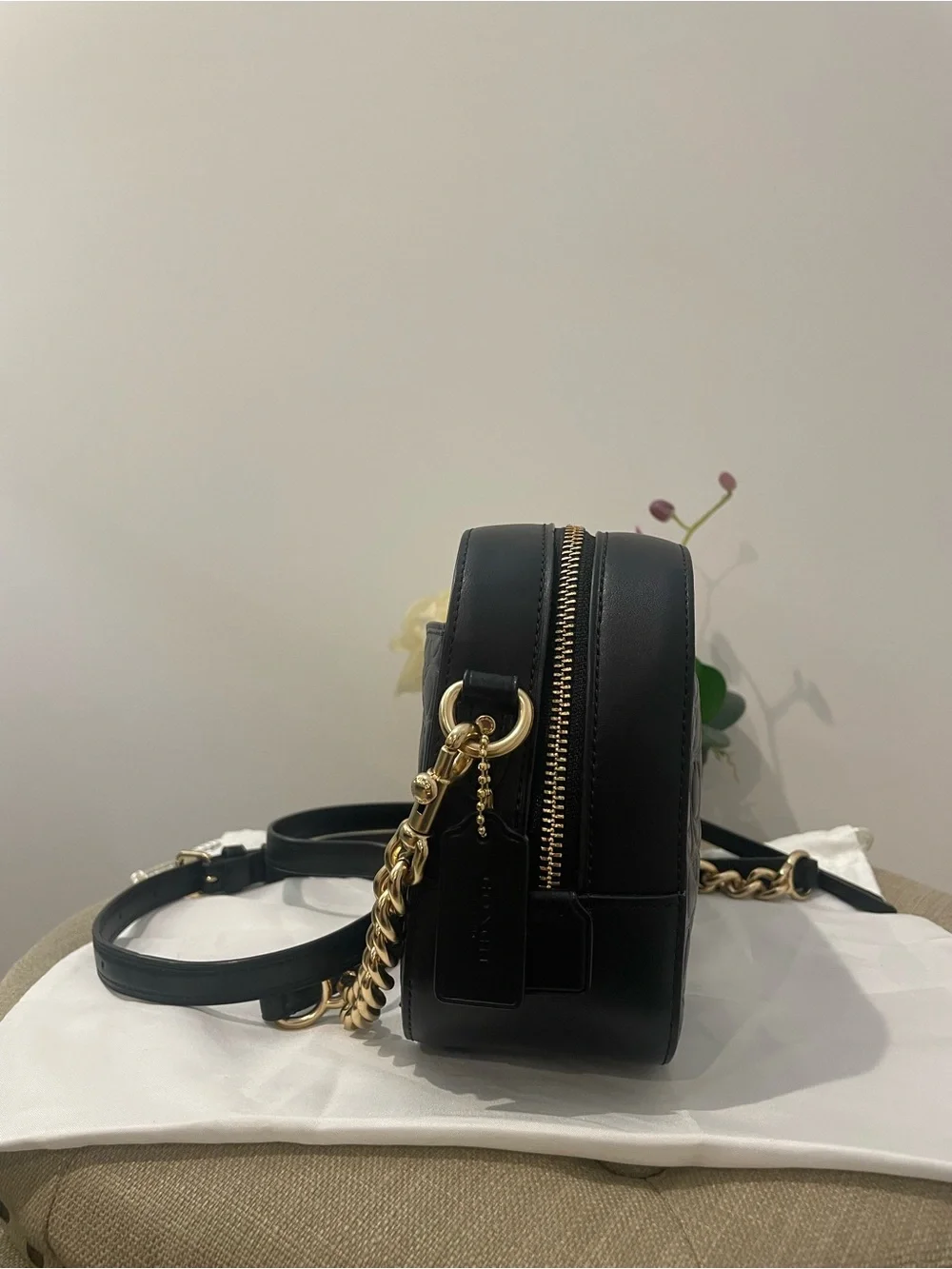 Coach Black Embossed Leather Camera Crossbody with Gold Chain